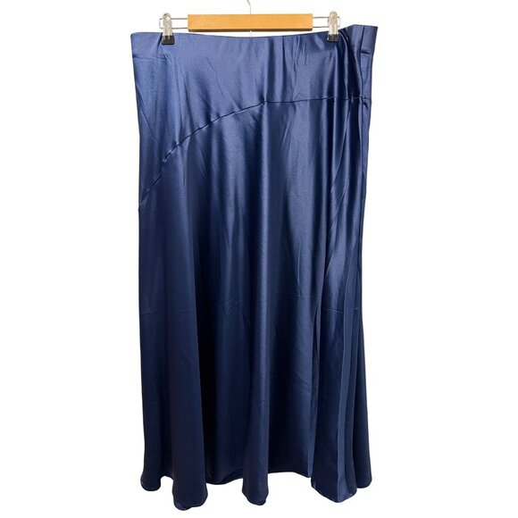 PrettyGarden Womens Midi Satin Skirt Navy Blue XXL Elegant A-Line - Picture 7 of 12